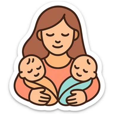 mother gently cradling two babies, one in each arm, vector-inspired expressive detailed illustration, simple lines, soft shadows and highlights, warm beige tones, smooth hair, loving expression, elegant gentle warm style sticker