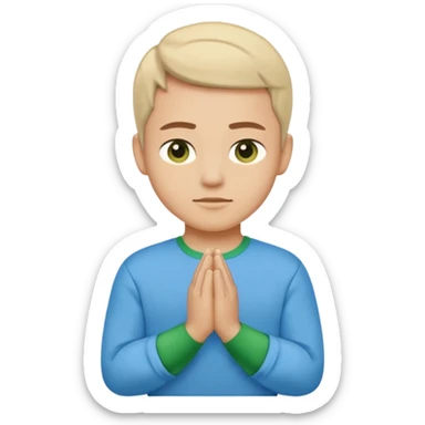 Create an iOS-style emoji of the folded hands "🙏🏻". The shirt should be split in half, with the left side blue and the right side green. Keep the skin tone light, same as the original emoji, and the background plain white. Clean, minimal, and consistent with iOS emoji design. sticker