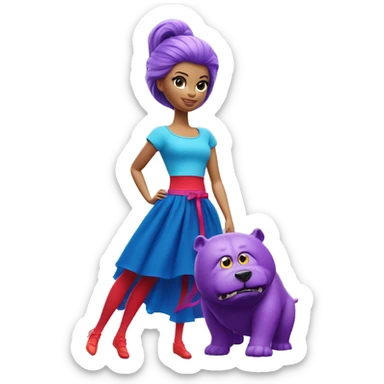 A Barbie with purple hair ,fighting a monster wearing blue T-shirt,red tights and elongated blue chiffon skirt sticker