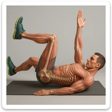 Anatomically hyperrealistic 4K depiction of a man in dead bug position, variant with torso slightly raised, highlighting pelvis and spine bones, translucent muscles and skin, medical atmosphere. sticker