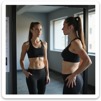 woman in gym, sportswear, looking at her abdomen reflected in mirror, next to her a scale and a medical chart with Italian text: 'PCOS: il grasso addominale è un segnale d’allarme', modern style, 4K quality sticker