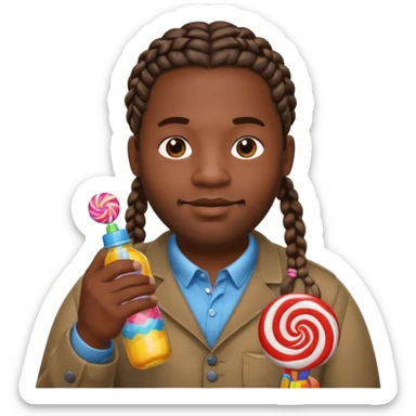 Big black man with braids hold a bottle and a lollipop sticker