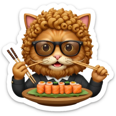 HAPPY CAT WITH CURLY HAIR AND A BIG BEARD wearing sunglasses and eating sushi sticker