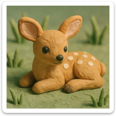 fawn with spots, lying in grass, soft lighting, cute and detailed fur, claymation style sticker