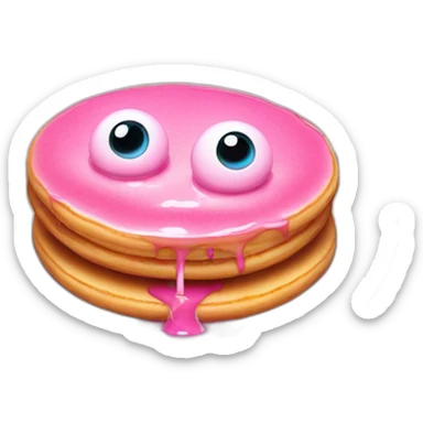Pink small pancake with candle, and two eyes in the glaze, two teeth crawling out from under the glaze sticker