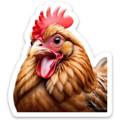 Cinematic Cute Yawning Brown Chicken Portrait Emoji, Head tilted slightly with a dramatic, wide-open yawn, showcasing a soft, fluffy brown plumage with a crisp red comb and gently drooping wings, round beady eyes barely open in drowsy contentment, Simplified yet irresistibly adorable features, highly detailed, glowing with a soft, cozy glow, high shine, relaxed yet expressive, stylized with a touch of whimsical charm, bright and endearing, soft glowing outline, capturing the essence of a sleepy yet affectionate chicken, so drowsy it feels like it could stretch out of the screen and curl up for a nap! sticker