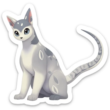 Cute realistic albino Minccino-Lykoi-Emolga-Pachirisu-Zangoose-fusion-hybrid-animal-Fakémon-creature, full body, thin long sleek scaly tail, intricate markings sticker