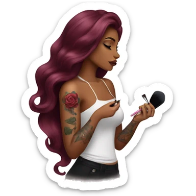 Beautiful tattooed burgundy long haired woman doing her makeup sticker