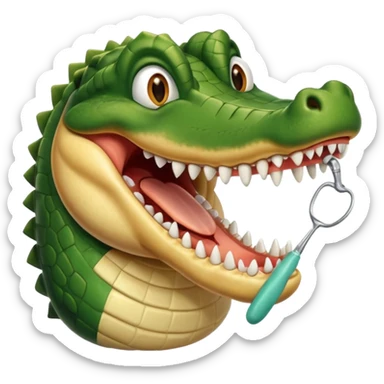 an alligator opening its mouth with a dentist sticker