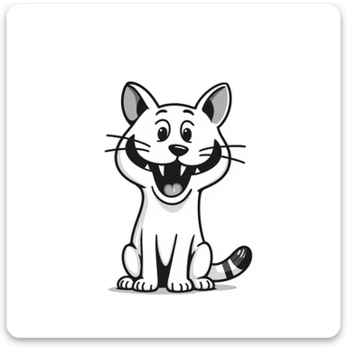 sketch of a miniature saber-toothed cat with a tiny body and absurdly massive canine teeth, minimal body with gigantic fangs sticker