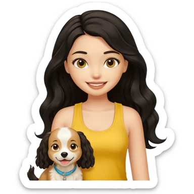 brown pretty bratz girl with long wavy black hair, wearing a yellow tank top with a dog sticker
