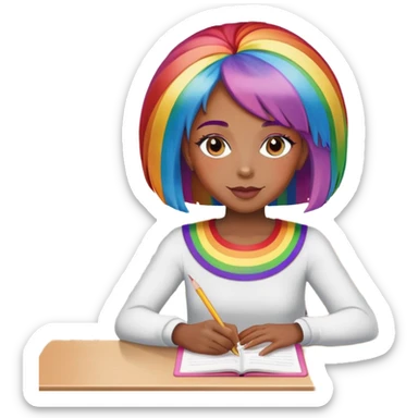 Black lady in the rainbow colored wig, sitting at the school table sticker
