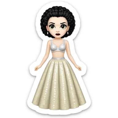 Bride of Frankenstein with black hair, ivory sequin bra, ivory sequin long skirt  sticker