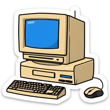 Early 2000s desktop computer, beige plastic casing, CRT monitor with blue screen, tower CPU with CD drive, separate wired keyboard and mouse, simple tech setup sticker