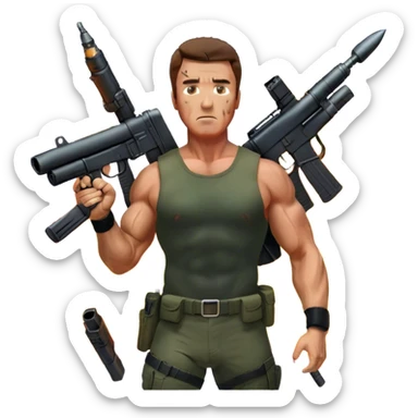 Icon for Action Movies: Close-up collage featuring Schwarzenegger in 'Commando' and  Stallone in 'Rambo', in bold poses. Background includes explosions, rockets flying, and machine guns. The style is reminiscent of a cinematic movie poster with intense, dramatic colors. Transparent background. sticker