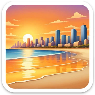 Sunset on a beach with a city sticker