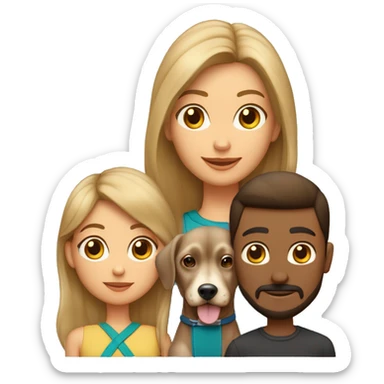 Familia 3 personas y perro chiuaua padre pelo corto rubio madre pelo castaño rizado mujer joven pelo negro largo y liso sticker