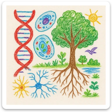 A realistic biological illustration (like in a school book) showing: DNA strands transitioning into a tree, cells with visible organelles, neurons connected to plant roots  and a balanced ecosystem background . Seamless integration, no labels or borders, white background, detailed but minimalist.  sticker