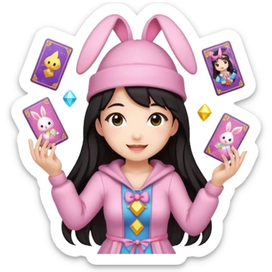 pixel art chibi asian girl with dark long hair in pink bunny ears hat magical girl with kawaii tarot cards thrown in air pixel emoji sticker