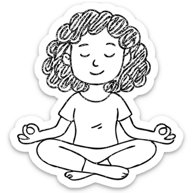 brunette girl with curly hair meditating, sitting cross-legged, hand drawn outlined icon sticker