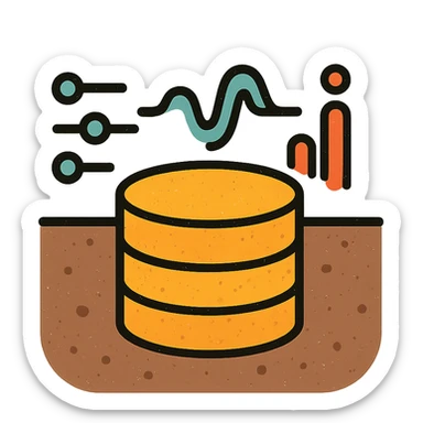 abstract minimalist icon of stacked disks partially submerged below a horizontal line representing underground, with flowing abstract data streams of lines, dots, or waves, worn and distressed effect sticker