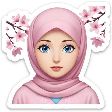 Turkish beautiful finish Konya girl blue eyes with light sakura and pink hijab islamic dress and She's wearing lipgloss sticker