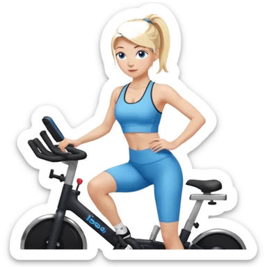 White girl blue eyes blonde hair in long pony tail instructing spin class in sports bra and leggings  sticker