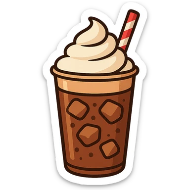 flat toon style iced coffee with whipped cream and straw sticker