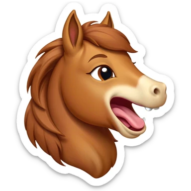 Cinematic Cute Yawning Chestnut Horse Portrait Emoji, Head tilted slightly with a dramatic, wide-open yawn, revealing a smooth chestnut fur with a subtle shimmer, floppy ears slightly drooping, round amber eyes barely open in drowsy contentment, Simplified yet irresistibly adorable features, highly detailed, glowing with a soft, cozy glow, high shine, relaxed yet expressive, stylized with a touch of equine whimsy, bright and endearing, soft glowing outline, capturing the essence of a sleepy yet affectionate horse, so drowsy it feels like it could stretch out of the screen and curl up for a nap! sticker