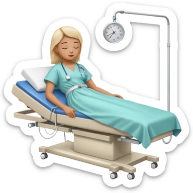 A patient lying on a medical examination bed with eyes closed, seen in a wider, full-body view, preparing to undergo a colonoscopy procedure in a clean hospital environment. sticker