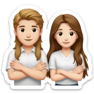 A boy and a long-haired girl crossed their arms over their chests - with a happy look on their faces - wearing white shirts sticker