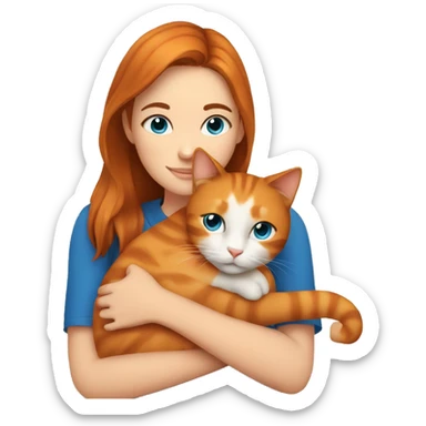 Young women with brown hair and blue eyes hugging an orange cat sticker