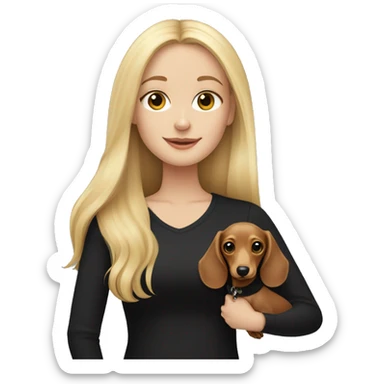 Blonde white girl wearing a black shirt holding a light colored long haired dachshund  sticker