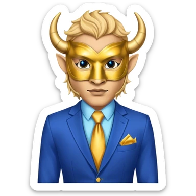 a man, with a Blue suit,  wear half-face golden Buffalo masquerade mask sticker