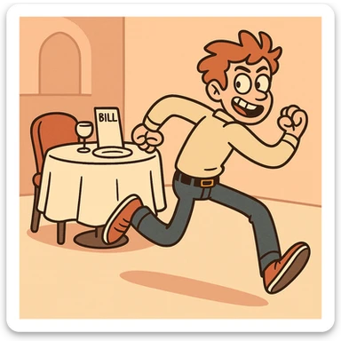 playful scene of a person running away from a restaurant table with a bill left behind, cartoon style, energetic and mischievous mood sticker