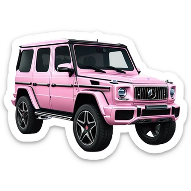 Mercedes-Benz G63 AMG in elegant light pink, shown from the side with the front logo visible. Use bold outlines, black details, a glossy finish sticker