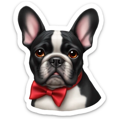 an all-black French bulldog with a red bow tie sticker