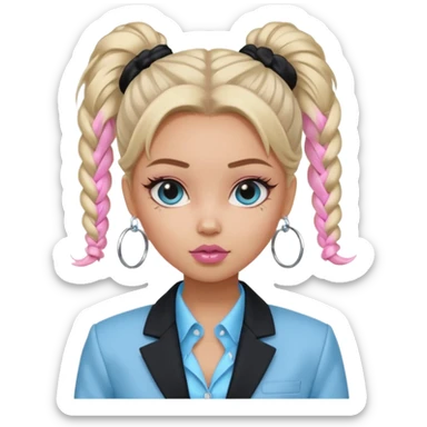 generate a pretty bratz girl wearing a light blue full sleeve shirt, silver small hoops, pink lipgloss, black blazer, hair tied up sticker