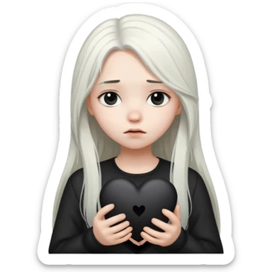 A girl with long white hair is sad and holds a black heart in her hands sticker