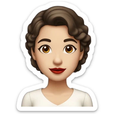 A girl with curved brown eyebrows, dark brown hair, bushy eyelashes, a high nose bridge, red lips, a white skirt with a swing neck, a fair complexion, and a smile sticker