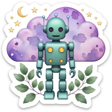 watercolor-style emoji of robot silhouette with “AI” inside a lilac cloud, connected to a soft circuit shape. gentle pastel palette (sage green, blush, lilac), surrounded by leaves, moon, and stars — poetic and calm aesthetic. sticker