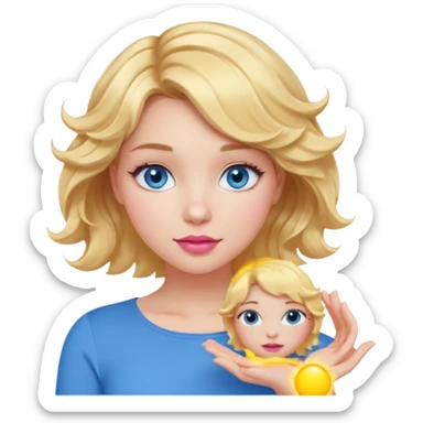 Girl Blonde short wavy hair,  blue eyes, cute blue top, long lashes, pink lips, holding the sun   sticker