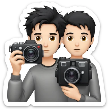 a white man with black messy hair holding a foto camera sticker