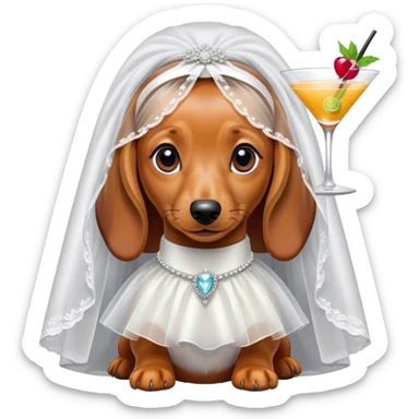 A girl Dachshund dog ￼with a bridal veil and cocktail sticker