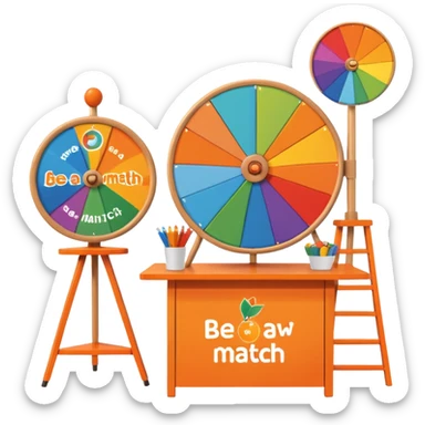 emoji of a recruitment booth. Two cartoon figures stand behind an orange table with 'MARROW, be a match' branding, a colorful spinning wheel, and a branded vertical banner. Simplified and cute. No fruit sticker