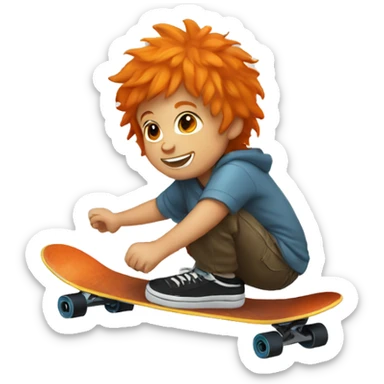 a small boy with orange hair riding a skateboard with a peace sign  sticker