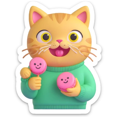 cute cat with big eyes, wearing a green sweater with yellow smiley faces, holding a pink macaron, soft and shiny, inspired by Apple emoji aesthetics, 3D iOS style emoji, variation 4 sticker