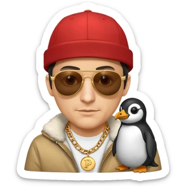 Mike D from Beastie Boys with dark sun glasses and large penguin medallion on gold chain and Red Hat with Mike D printed on hat sticker