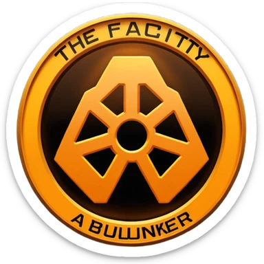 glowing amber industrial emblem above bold text reading “THE FACILITY”, dark background, clean typography, sci-fi bunker aesthetic, high contrast, sticker
