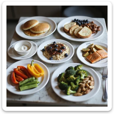 hyperrealistic 4K table with separate plates for 2000 calorie diet: breakfast with pancakes, blueberries, yogurt; lunch with lean beef, rice, bell peppers; dinner with salmon, potatoes, broccoli; snacks with apple, nuts, Greek yogurt. Plates labeled with calories, modern kitchen atmosphere sticker